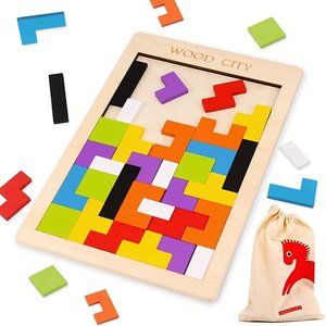 Wooden Blocks Tangram Puzzles, Russian Blocks w/ Storage Bag (40Pcs)